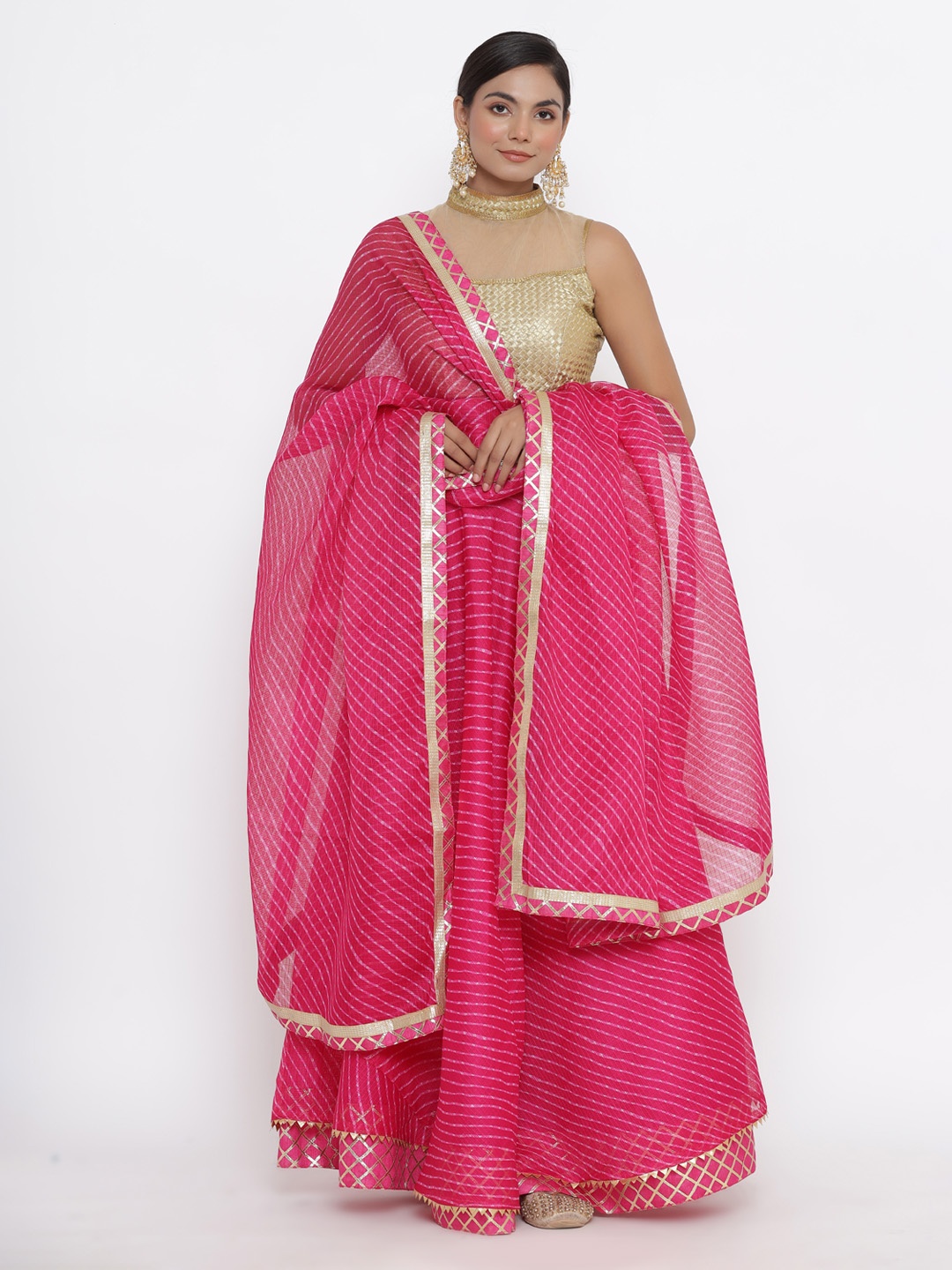 

Kesarya Pink & Gold-Toned Embellished Ready to Wear Lehenga & Unstitched Blouse With Dupatta