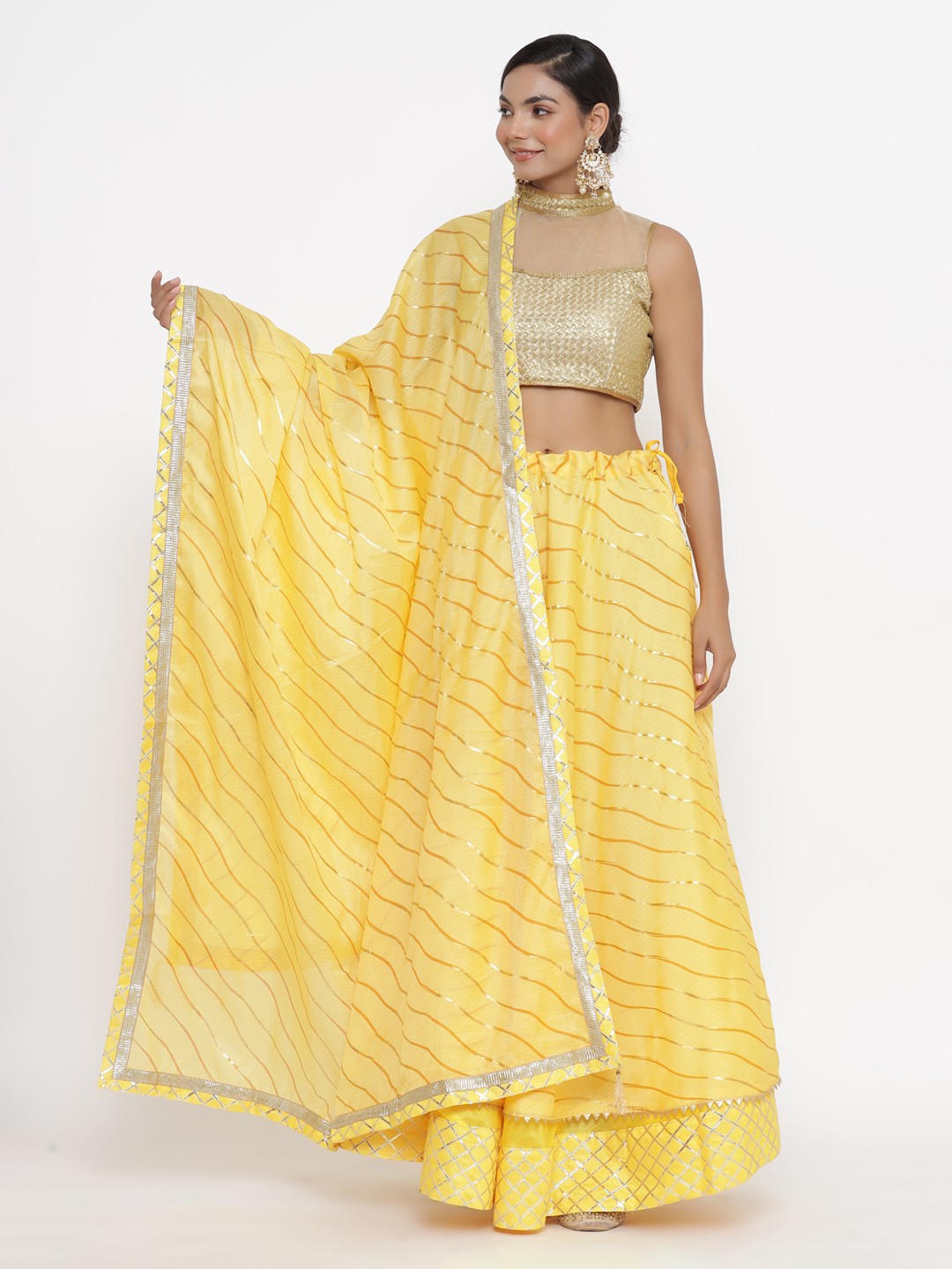 

Kesarya Yellow & Gold-Toned Semi-Stitched Lehenga & Unstitched Blouse With Dupatta