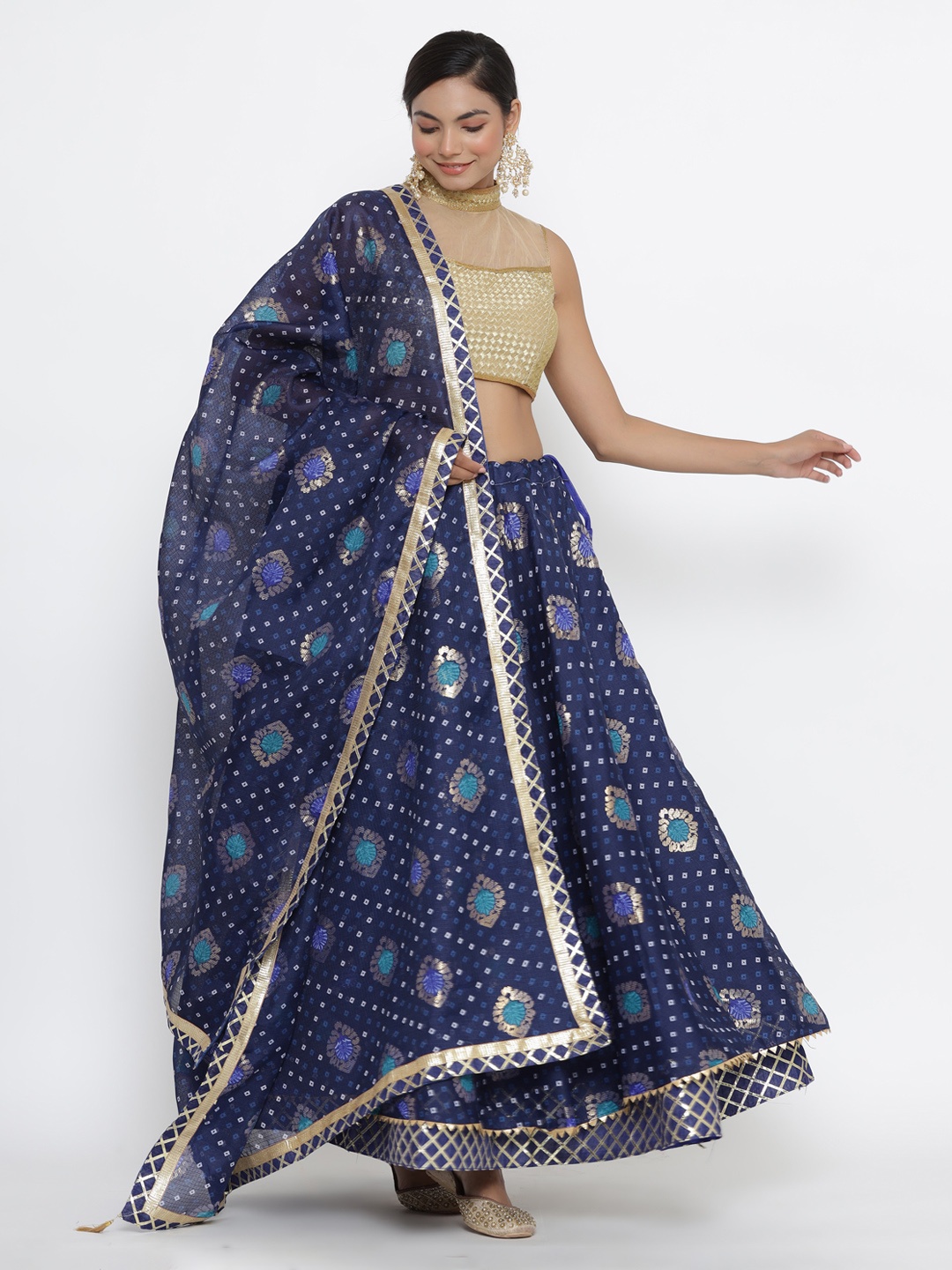 

Kesarya Blue & Gold-Toned Semi-Stitched Lehenga & Unstitched Blouse With Dupatta