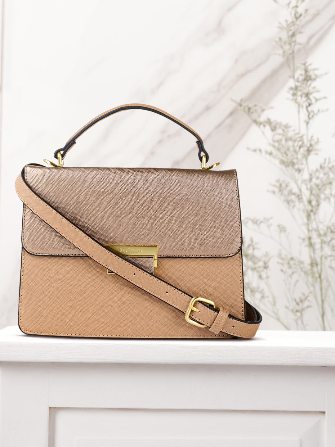 

Van Heusen Rose Gold and Dusty Pink Colourblocked Structured Satchel