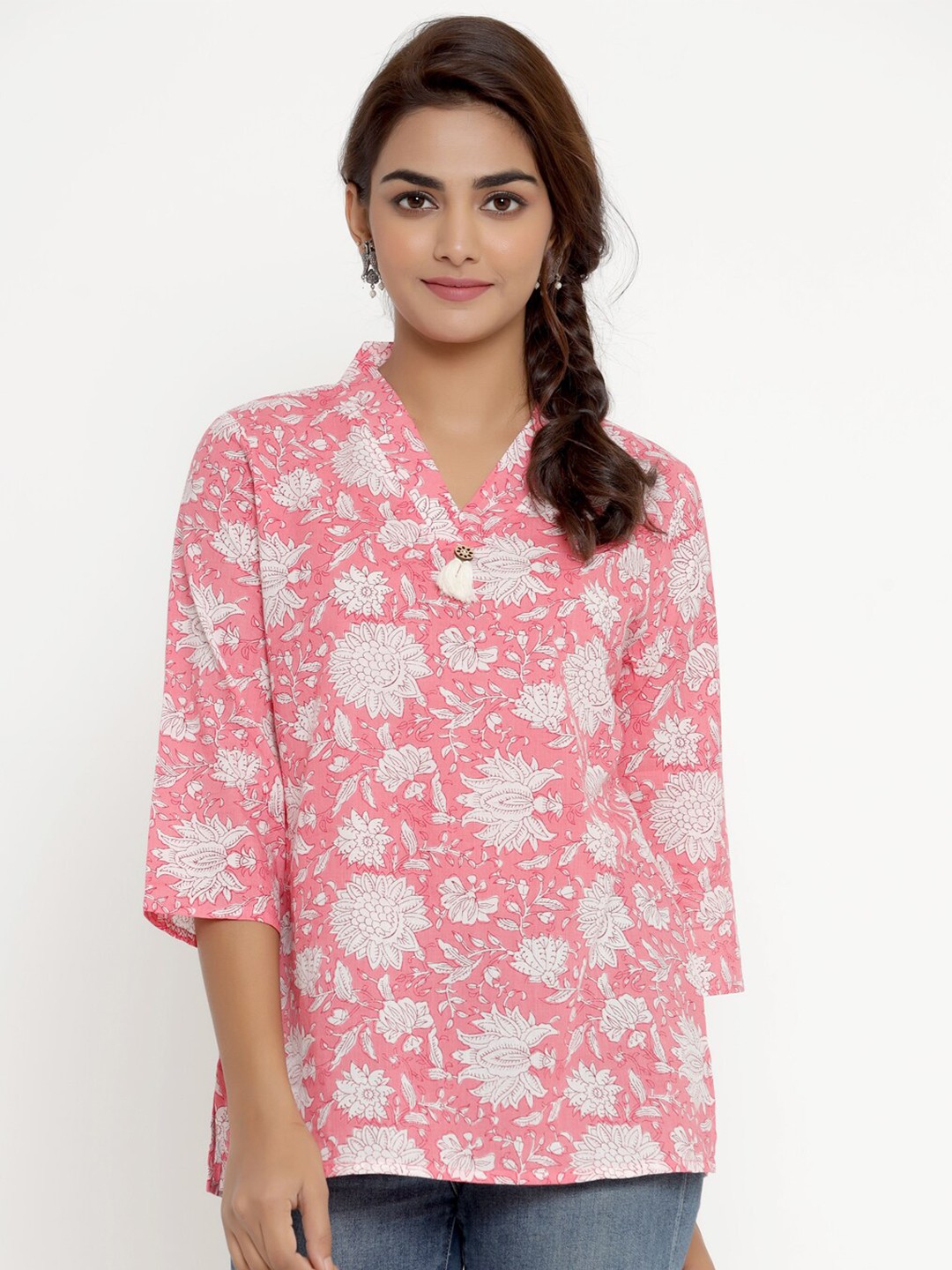 

MIRAVAN Pink & White Floral Printed Cotton Top