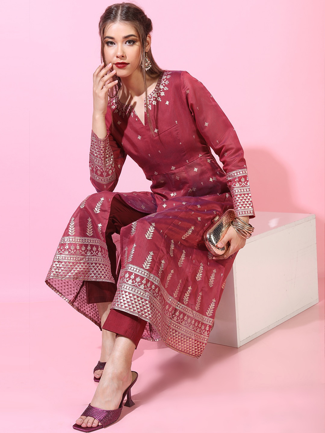 

Vishudh Women Ethnic Motifs Chanderi Cotton Kurta with Trouser, Red