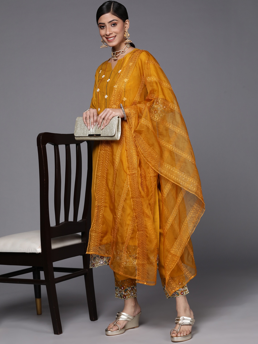 

Varanga Women Mustard Yellow Floral Embroidered Beads and Stones Kurta with Trousers & With Dupatta