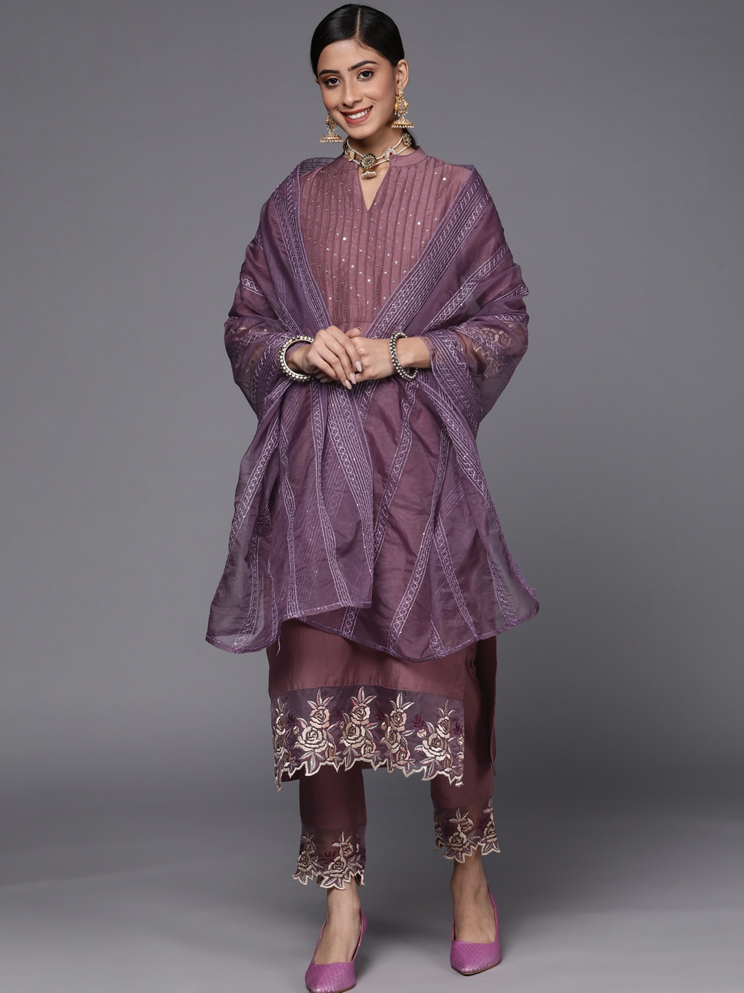 

Varanga Women Mauve Floral Embroidered Sequinned Kurta with Trousers & With Dupatta