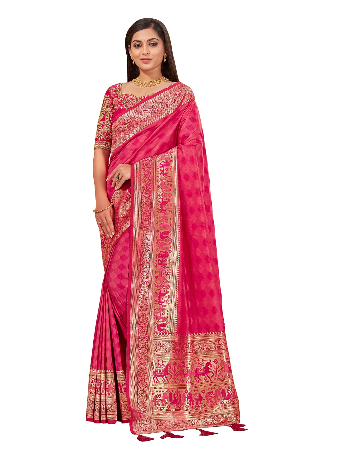 

MANOHARI Pink & Gold-Toned Woven Design Zari Silk Blend Banarasi Saree