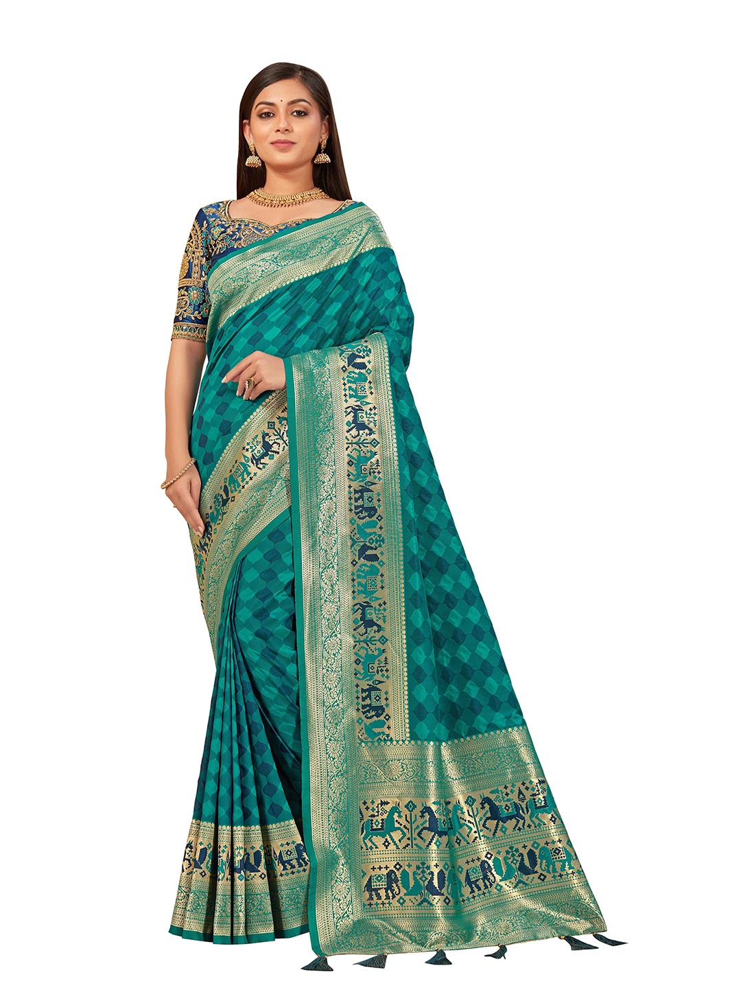 

MANOHARI Blue & Green Woven Design Zari Silk Blend Banarasi Saree