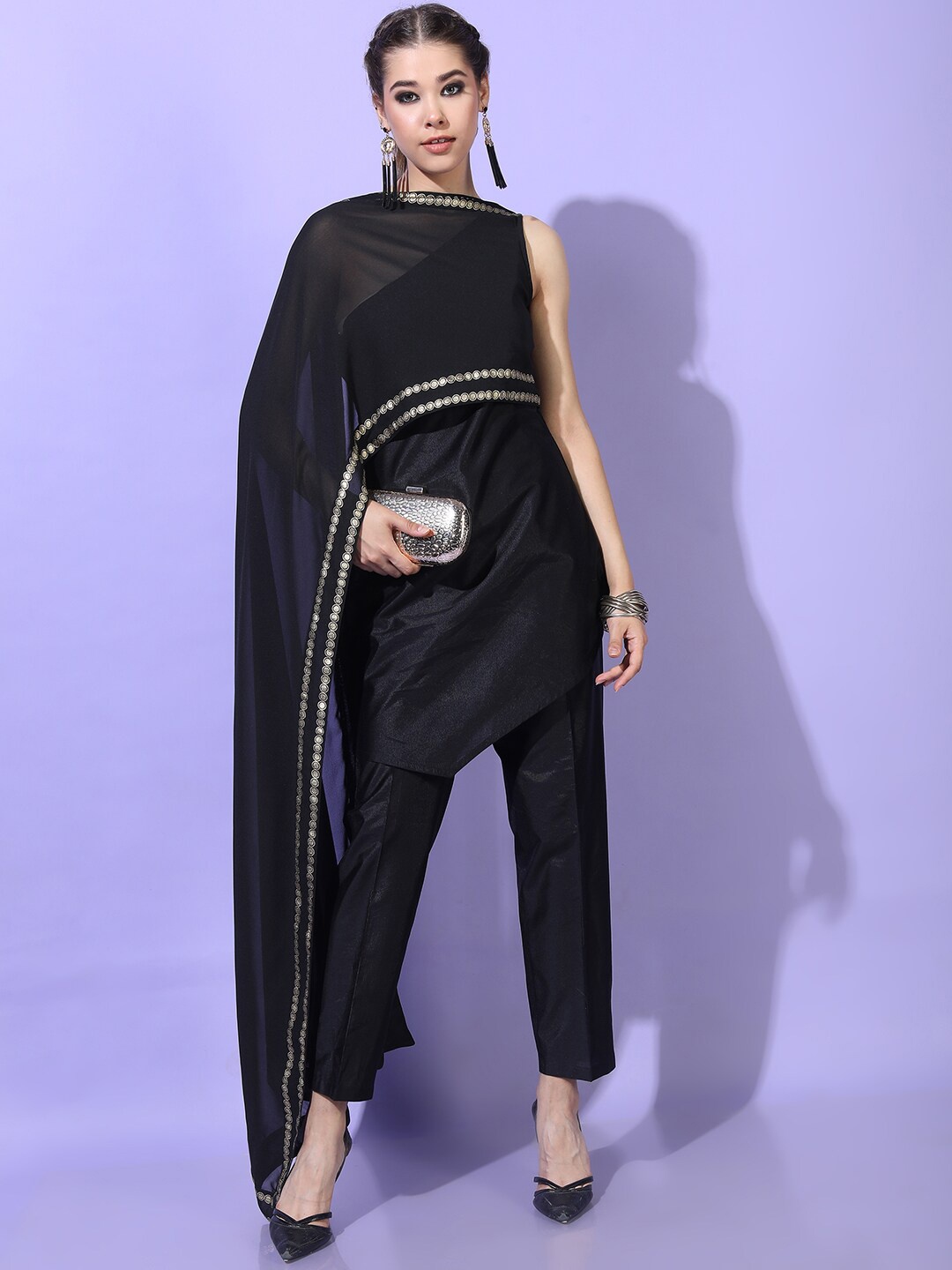 

Vishudh Women Solid Poly Georgette Kurta with Trouser, Black
