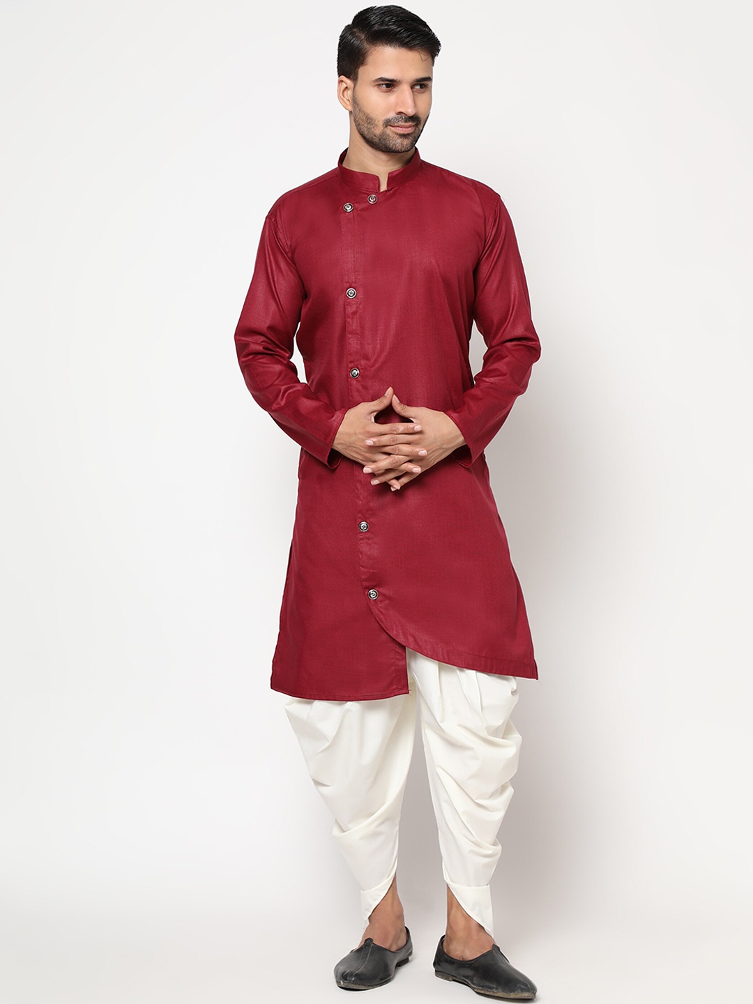 

Peony Cotton Fab Men Red Linen Kurta with Dhoti Pants