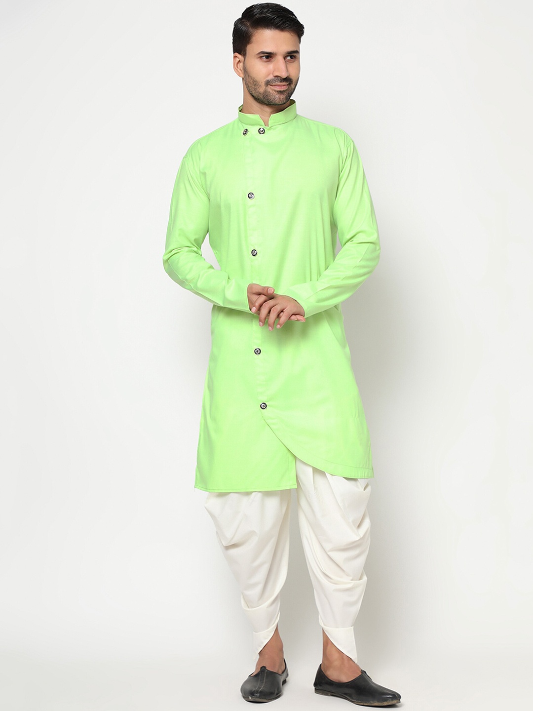 

Peony Cotton Fab Men Fluorescent Green Solid Linen Kurta Set