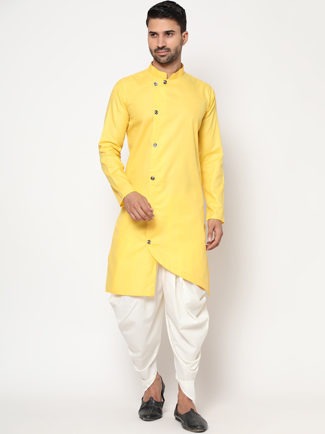 

Peony Cotton Fab Men Yellow Linen Kurti with Dhoti Pants