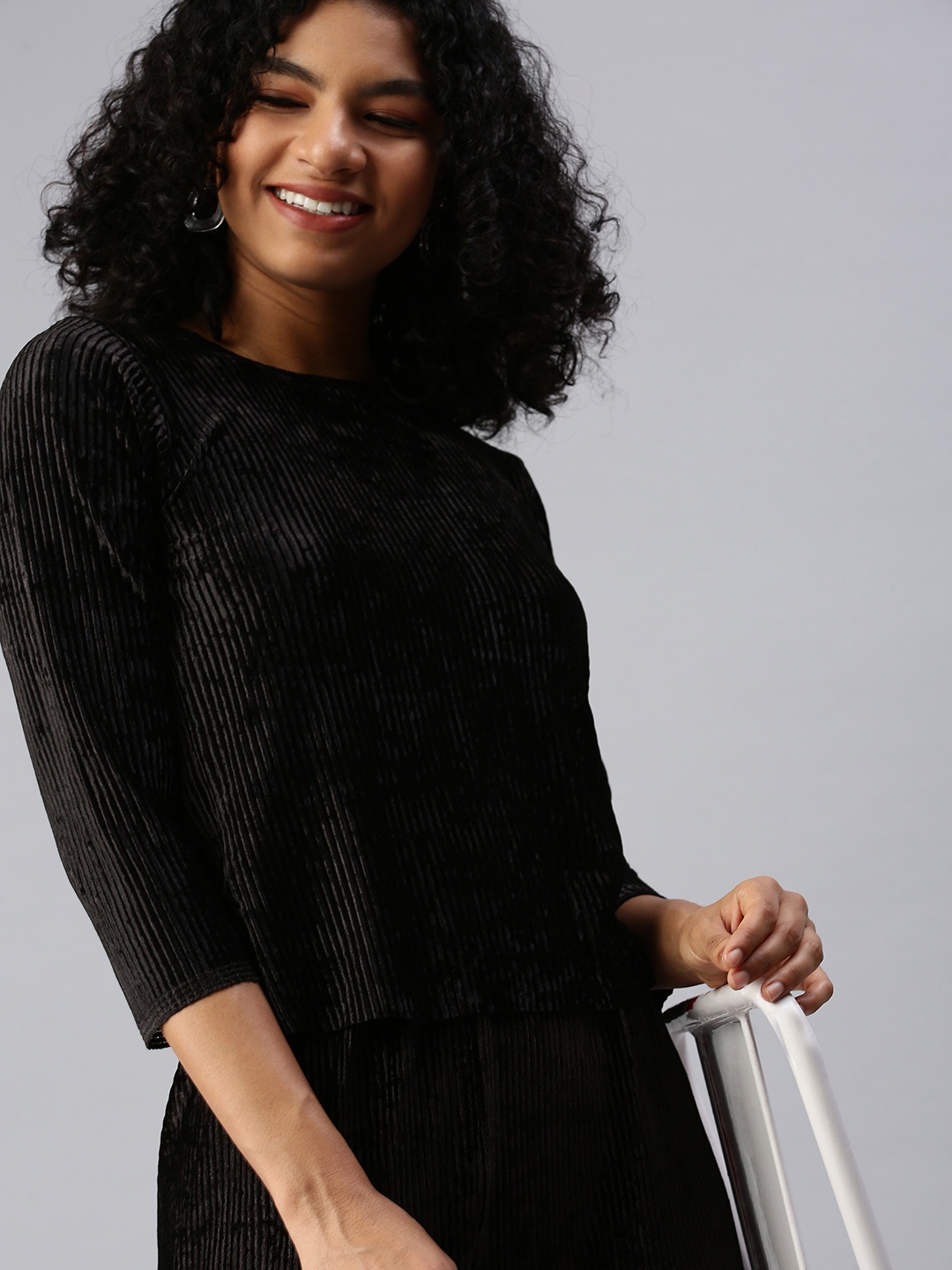 

SHOWOFF Women Black Striped Top with Trousers