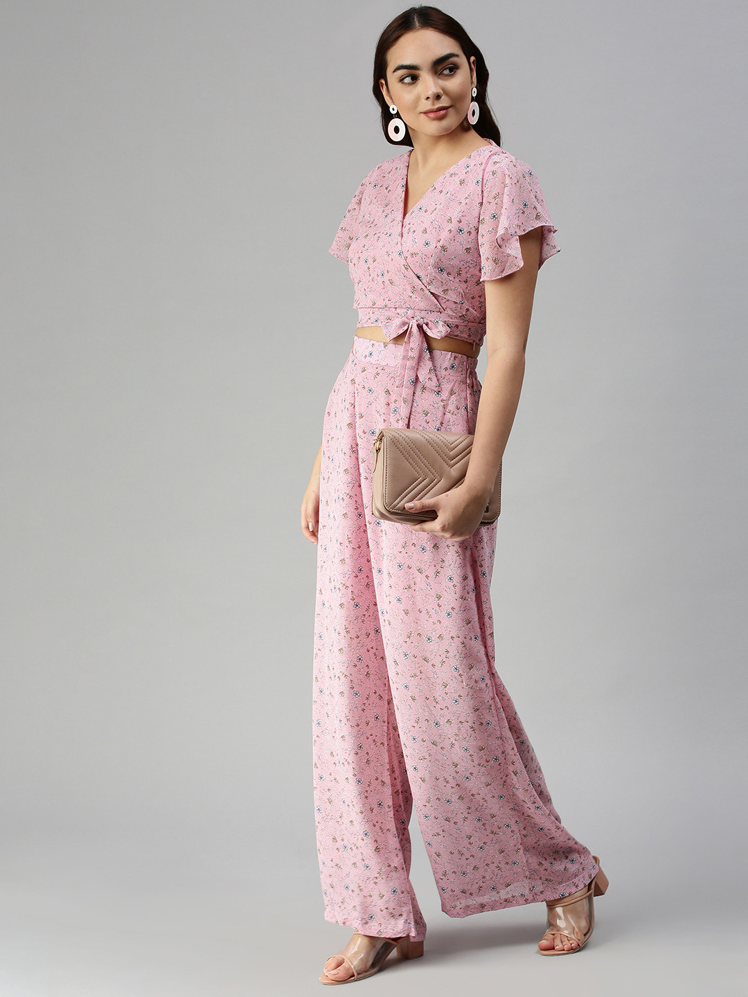 

SHOWOFF Floral Print Wrap-Up Crop Top & Palazzos Co-Ords, Pink