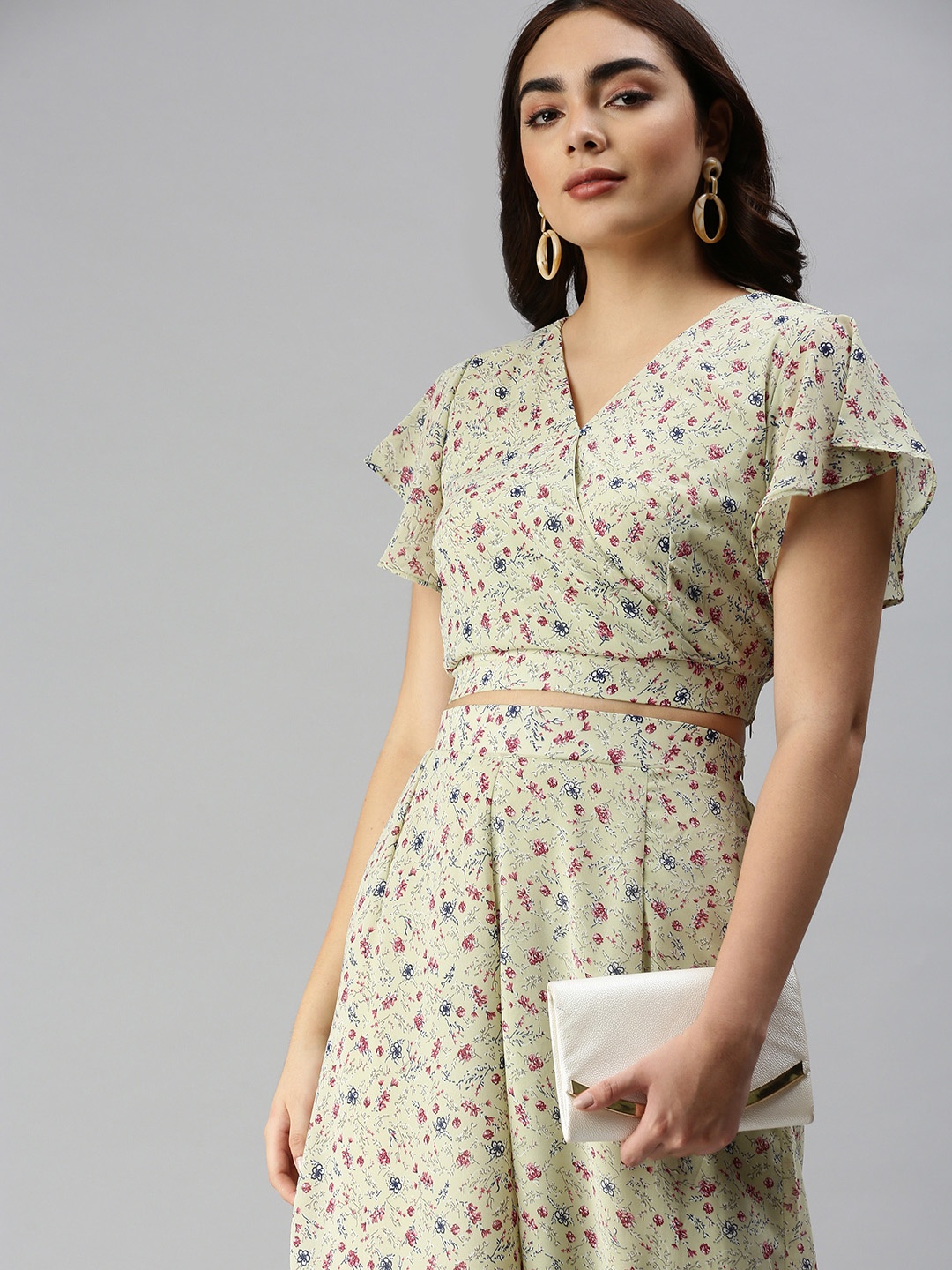 

SHOWOFF Printed Short Sleeve Top And Palazzos Co-Ords, Green