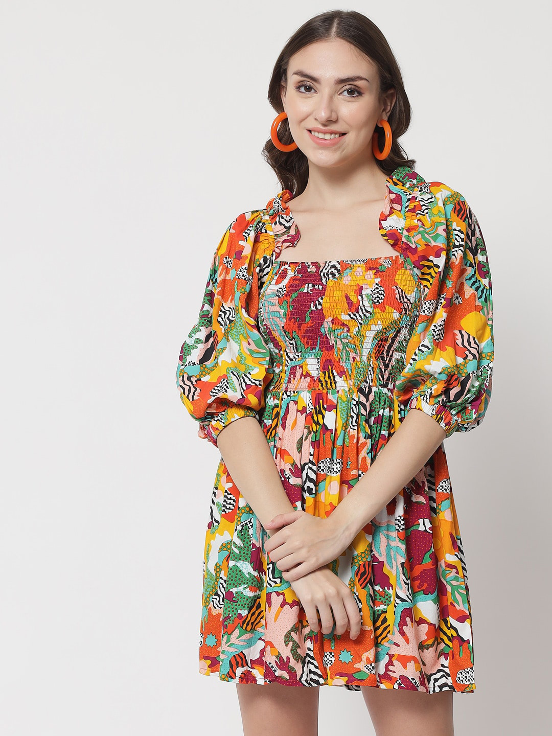 

The Dry State White & Orange Floral Cotton Fit & Flare Dress