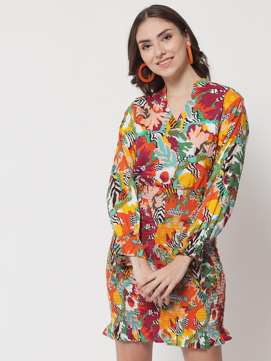 

The Dry State Red & Sea Green Floral Printed Smocked Dress