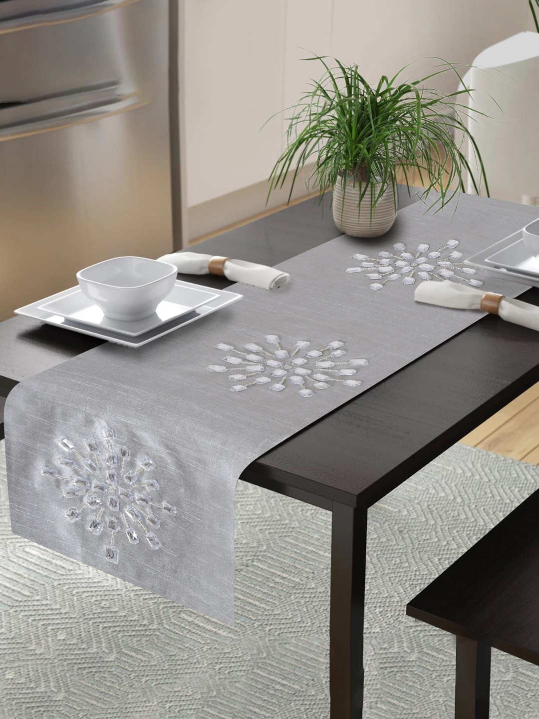 

Alina decor Grey Floral Embroidered Table Runners