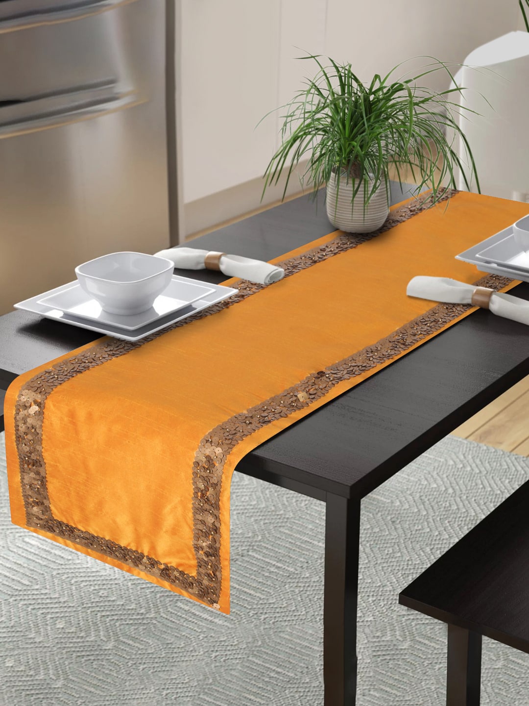 

Alina decor Yellow Embellished Table Runner