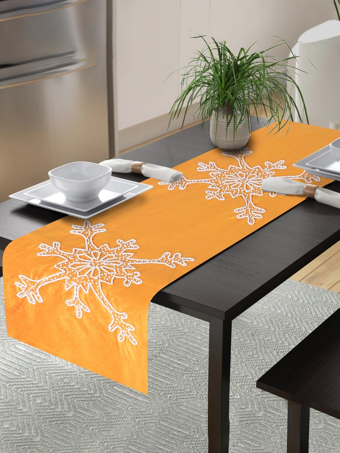 

Alina decor Yellow Embroidered 6-Seater Table Runner