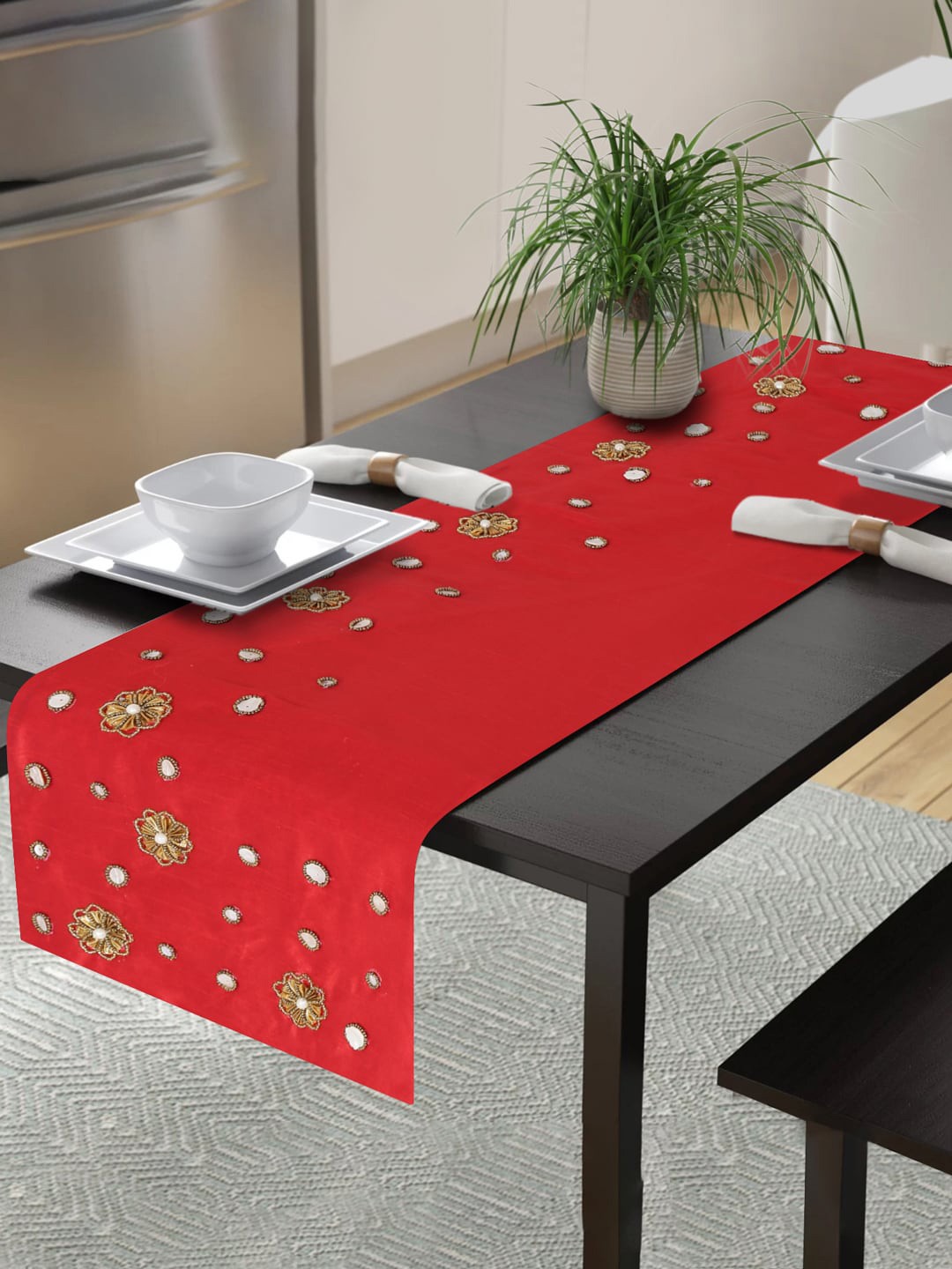 

Alina decor Red & White Embroidered Table Runners