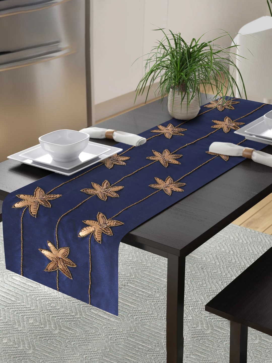 Alina decor Navy Blue & Copper Embroidered Table Runner