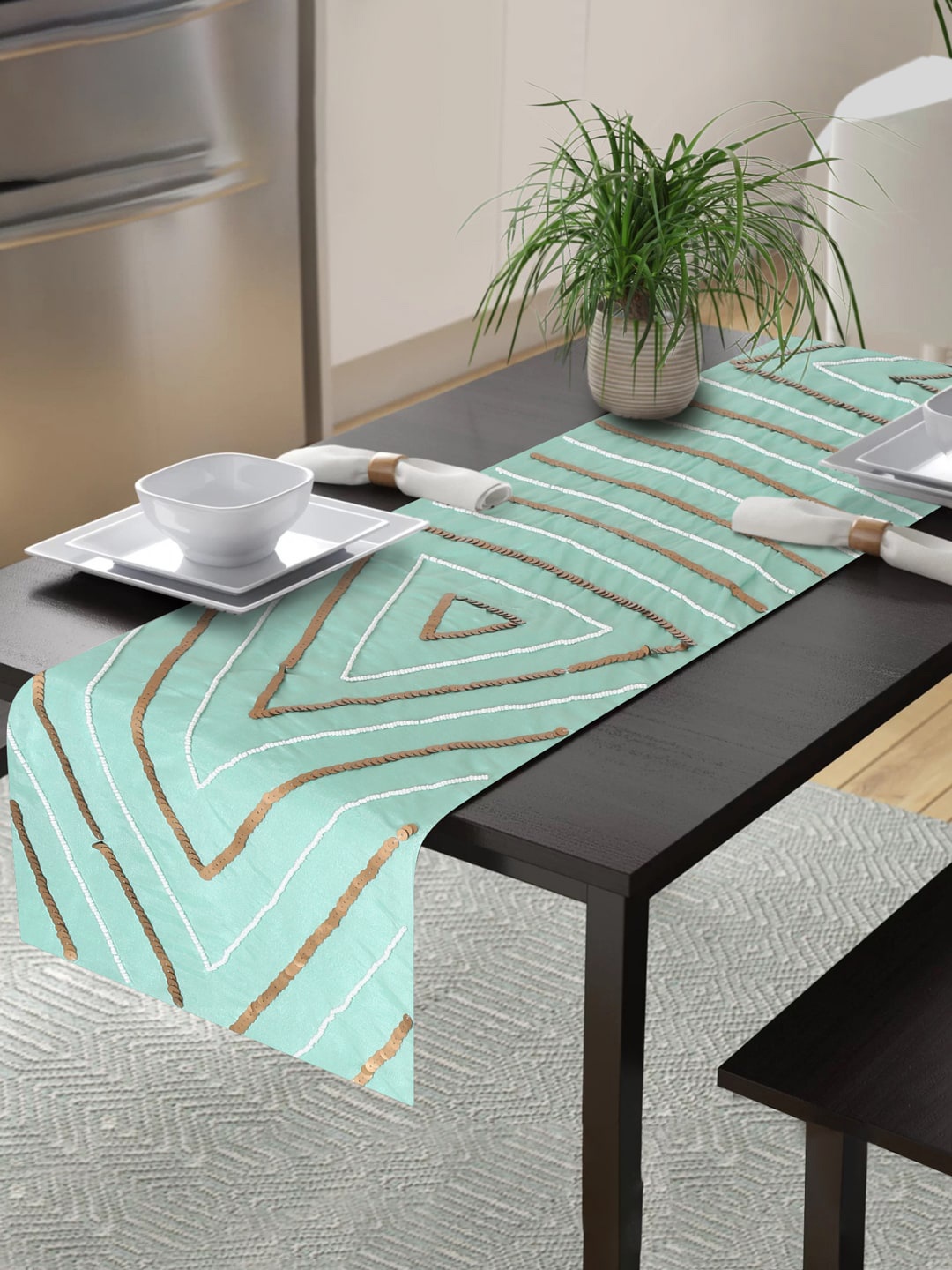 

Alina decor Sea Green 6 Seater Embroidered Runner