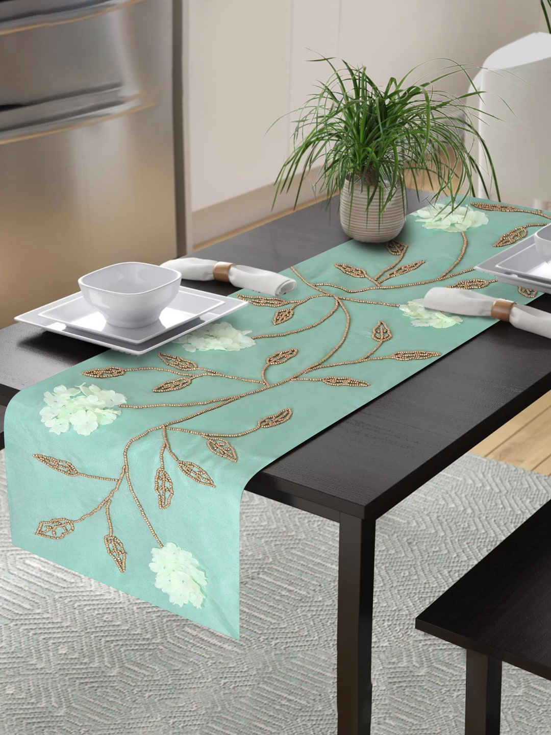 

Alina decor Sea Green Floral Embroidered Table Runner