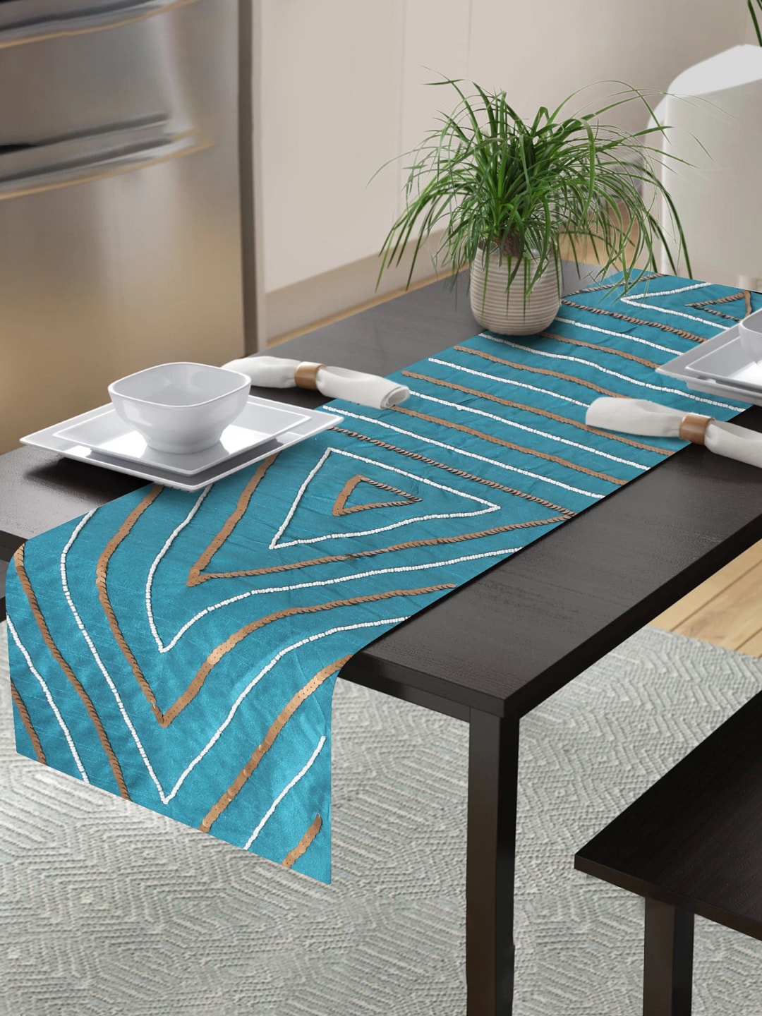 

Alina decor Teal Blue Embroidered Table Runner