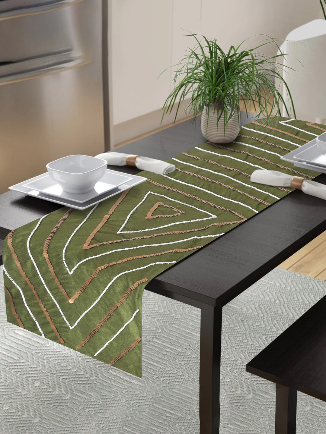 

Alina decor Olive Green Embroidered Table Runner