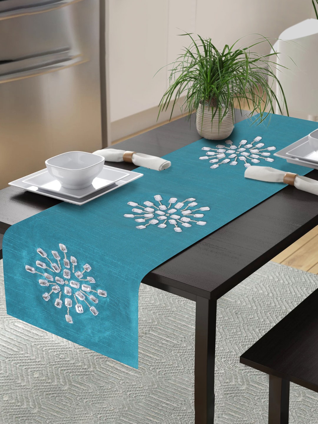 

Alina decor Teal Blue & White Embroidered 6-Seater Table Runner