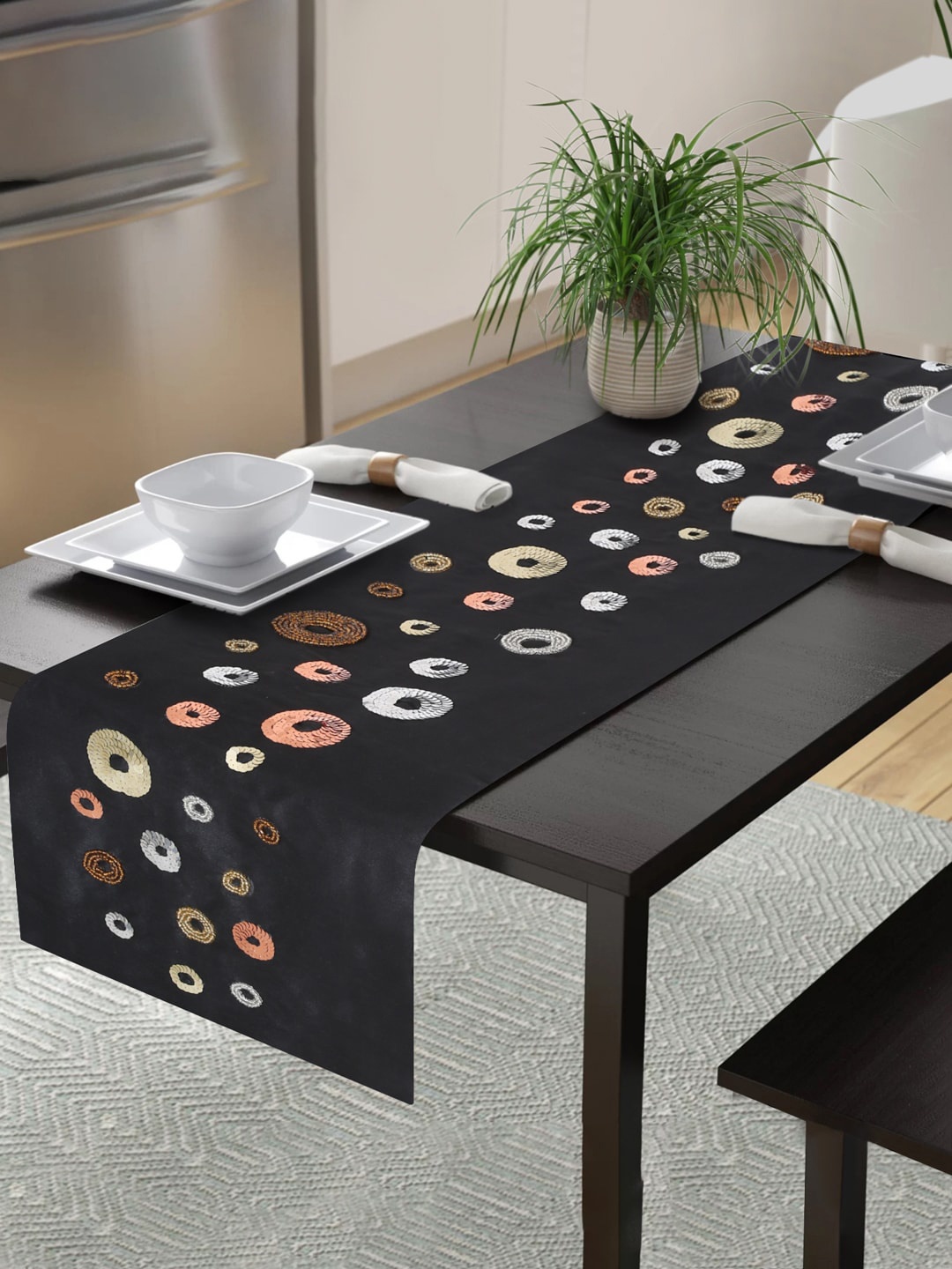 

Alina decor Black Embellished 6-Seater Table Runner