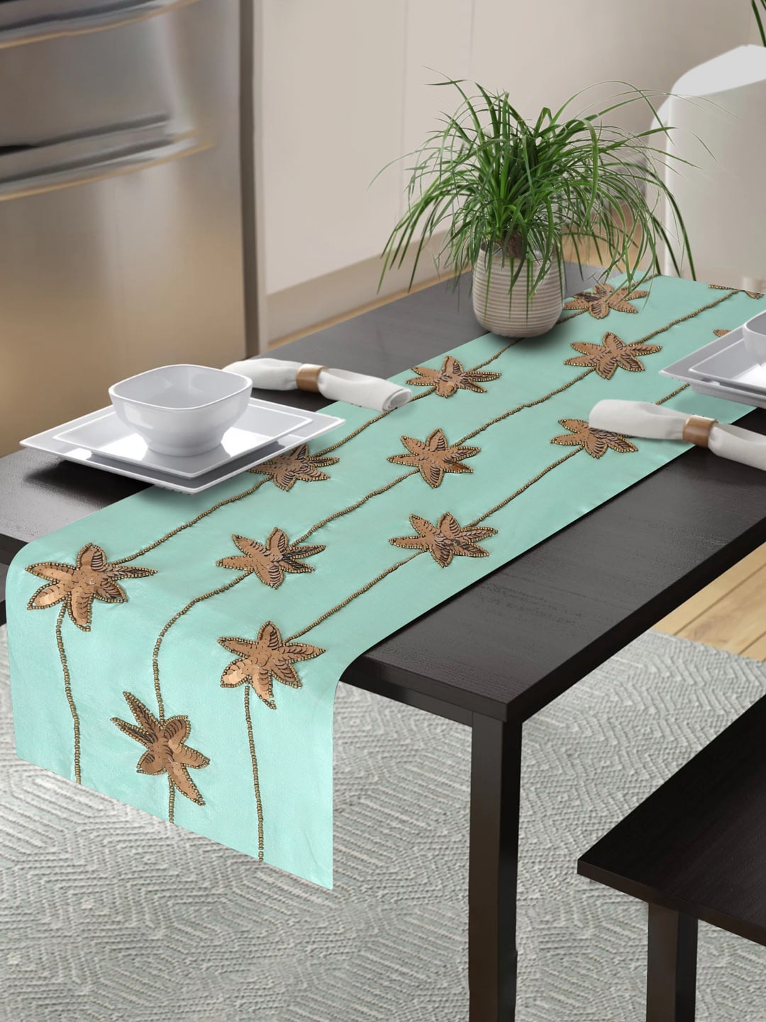 Alina decor Sea Green & Gold Coloured Embellished Table Runner