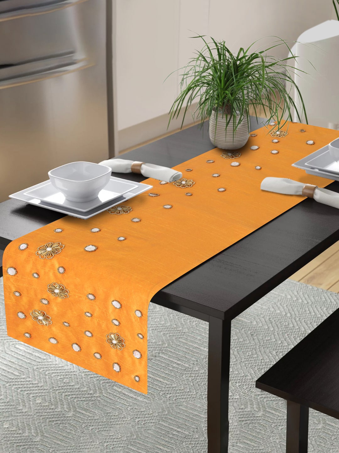 

Alina decor Yellow & White Embroidered 6-Seater Table Runner