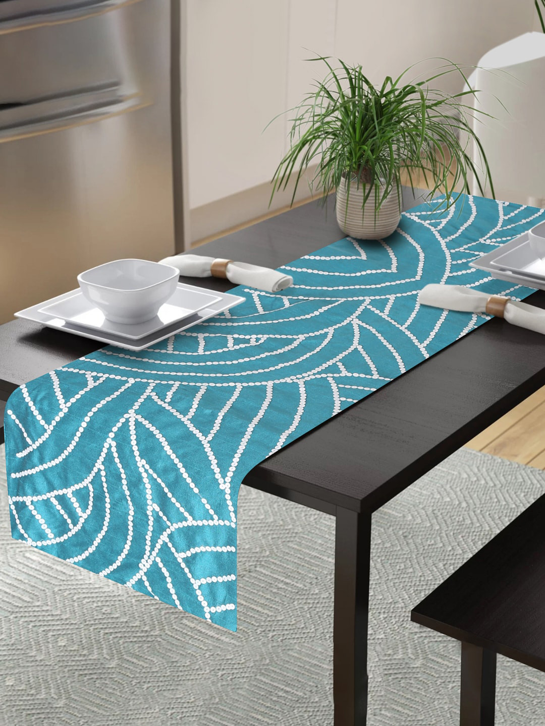 

Alina decor Teal Blue & White Embellished 6-Seater Table Runner
