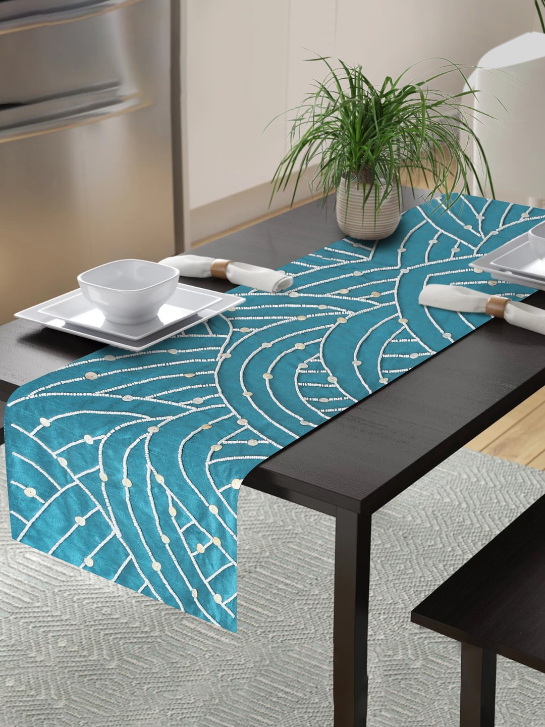 

Alina decor Teal Blue & White Embroidered 6-Seater Table Runner