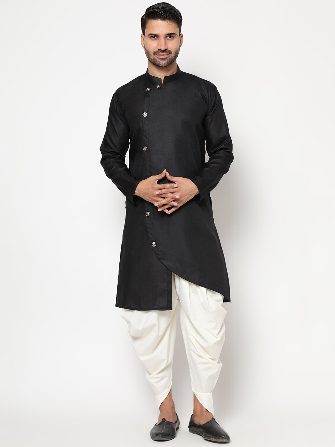 

RUDRAKSH Men Black Angrakha Linen Kurta with Dhoti Pants