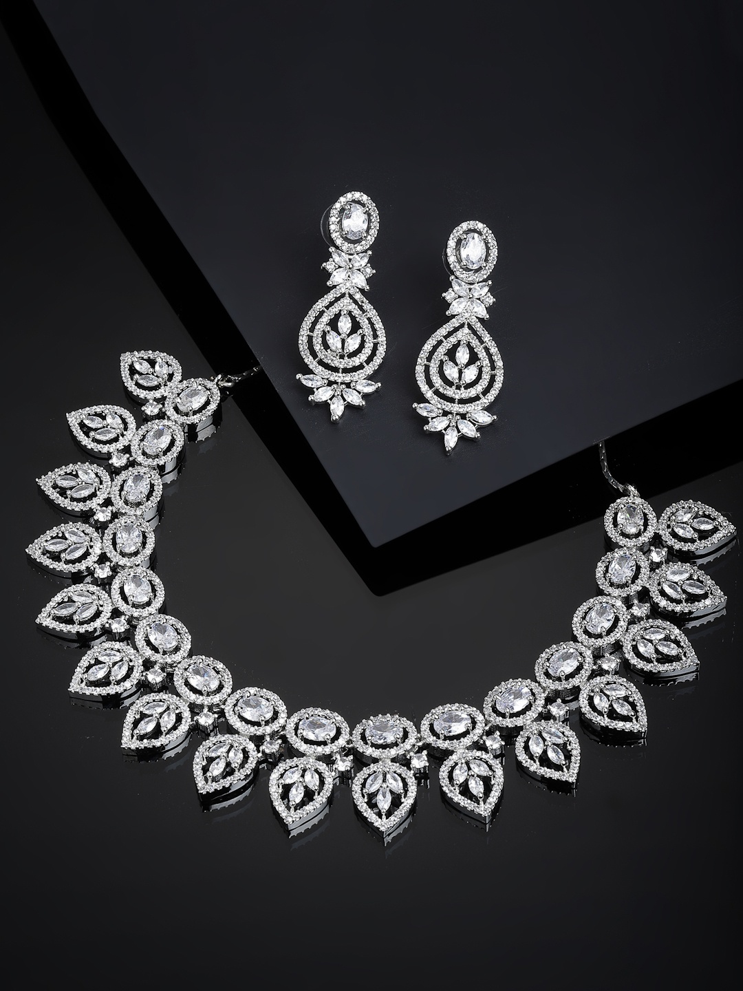 

PANASH Rhodium-Plated White American Diamonds-Studded Handcrafted Jewellery Set, Silver