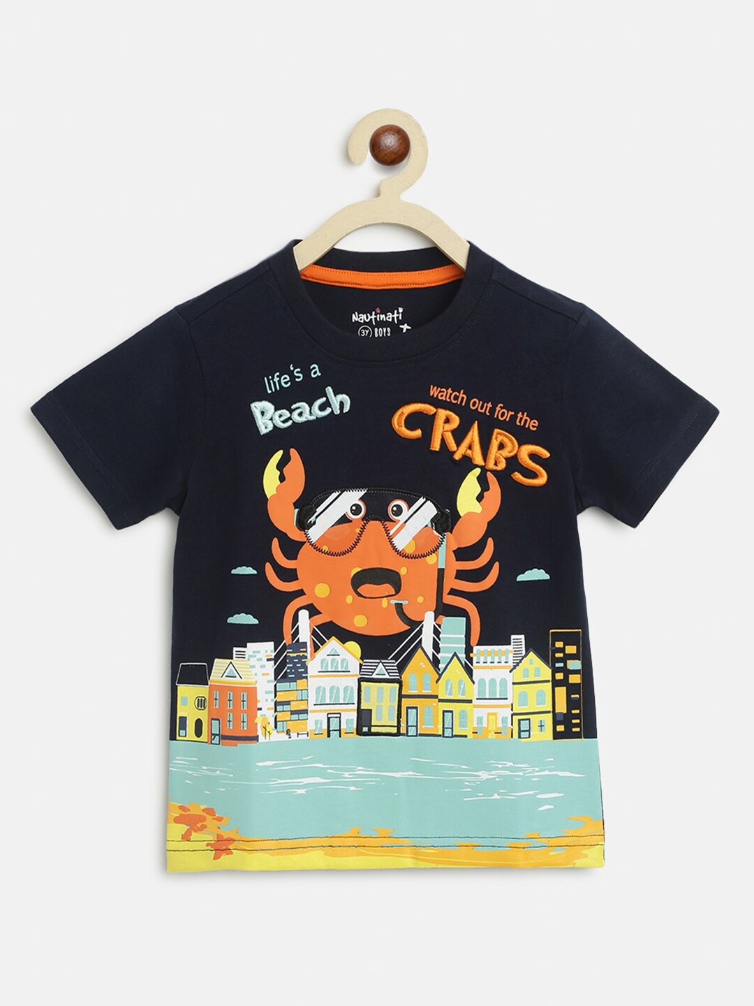 

Nauti Nati Boys Navy Blue Printed Cotton T-shirt