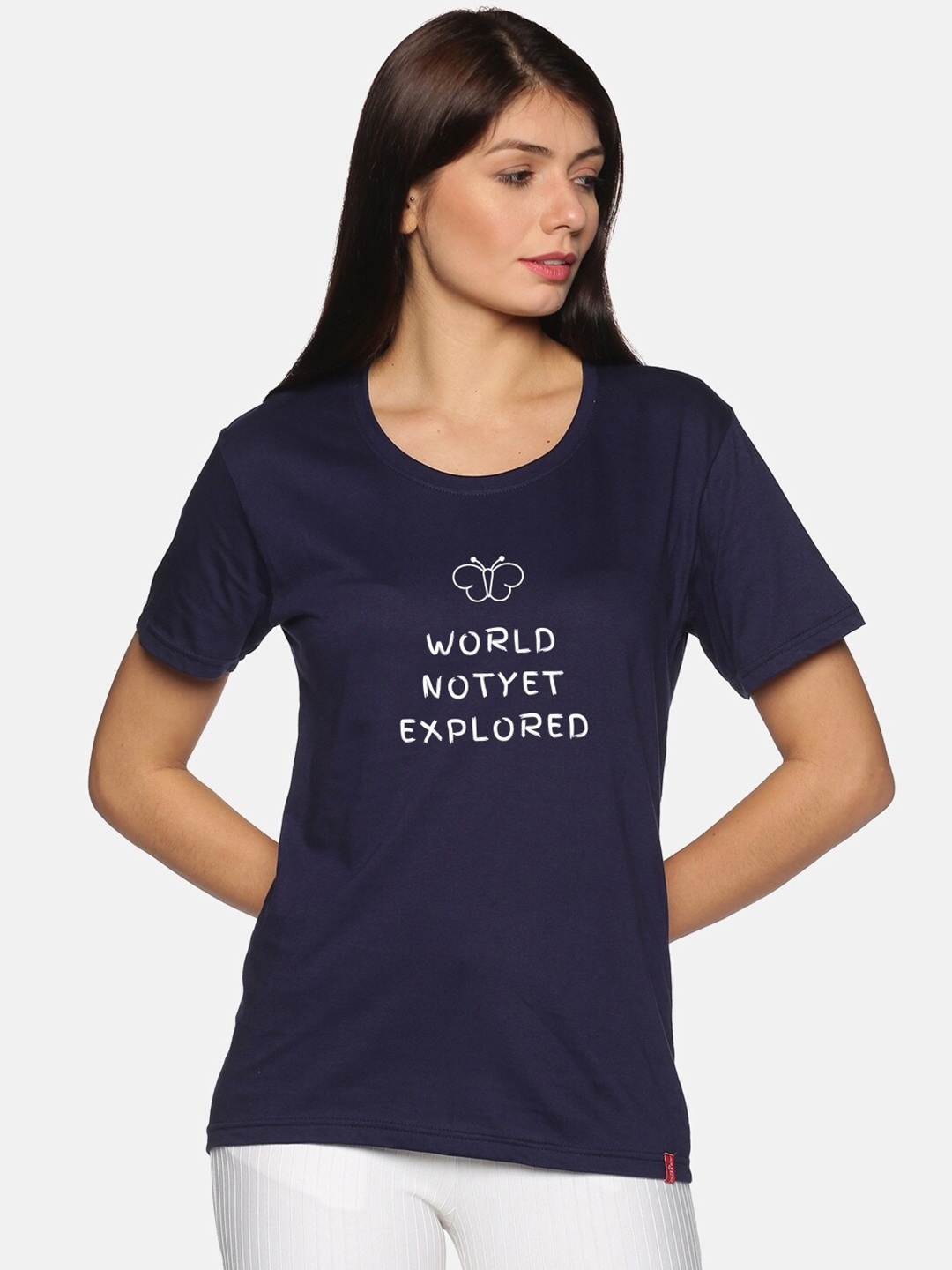 

NOT YET by us Women Navy Blue & White Typography Cotton Printed T-shirt
