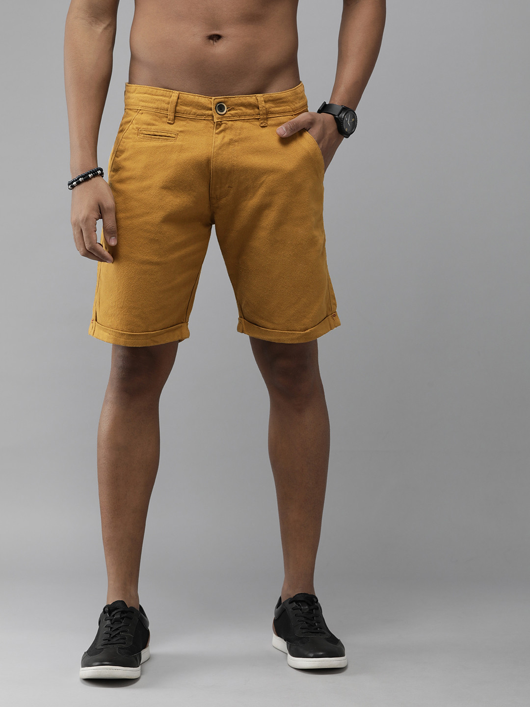 

The Roadster Lifestyle Co Men Mustard Yellow Pure Cotton Chino Shorts