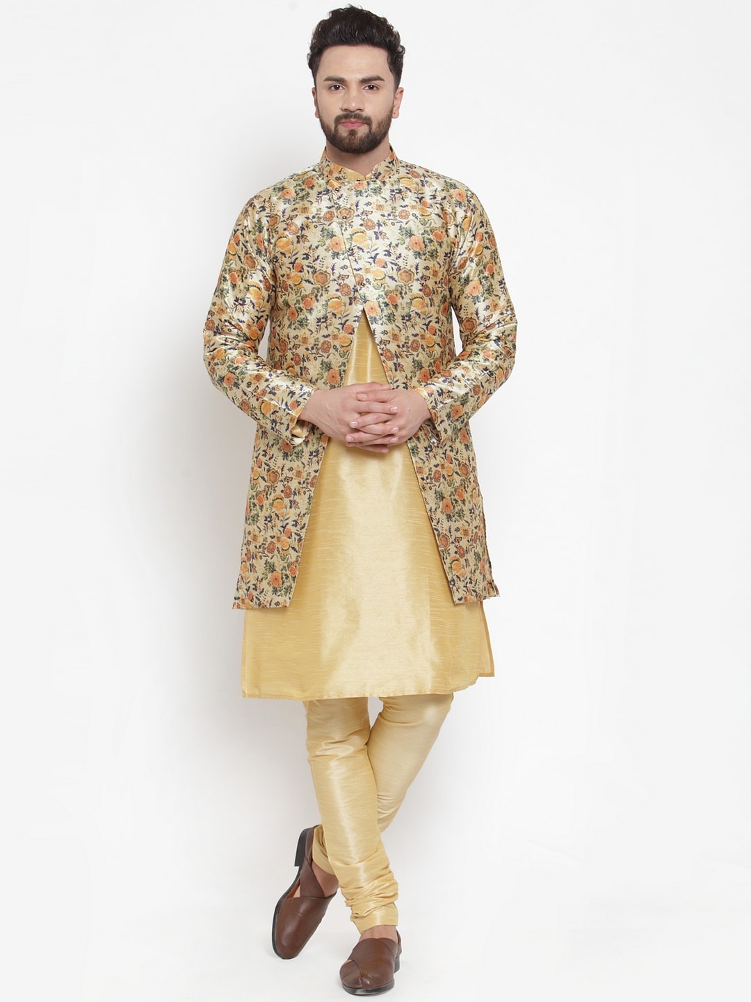 

Kaifoo Men Cream-Coloured Floral Printed Angrakha Kurta with Churidar