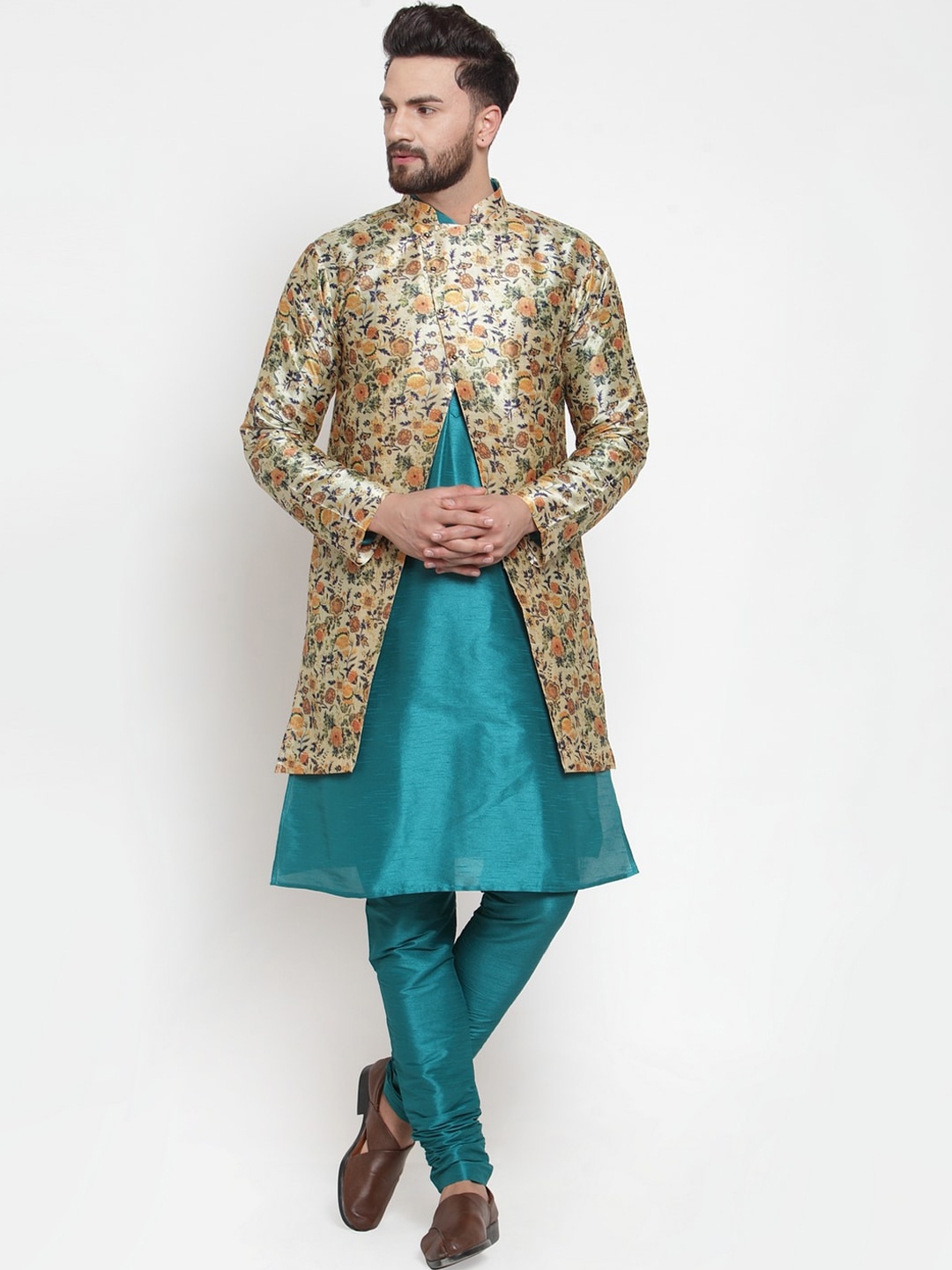 

Kaifoo Men Turquoise Blue Layered Kurti with Churidar