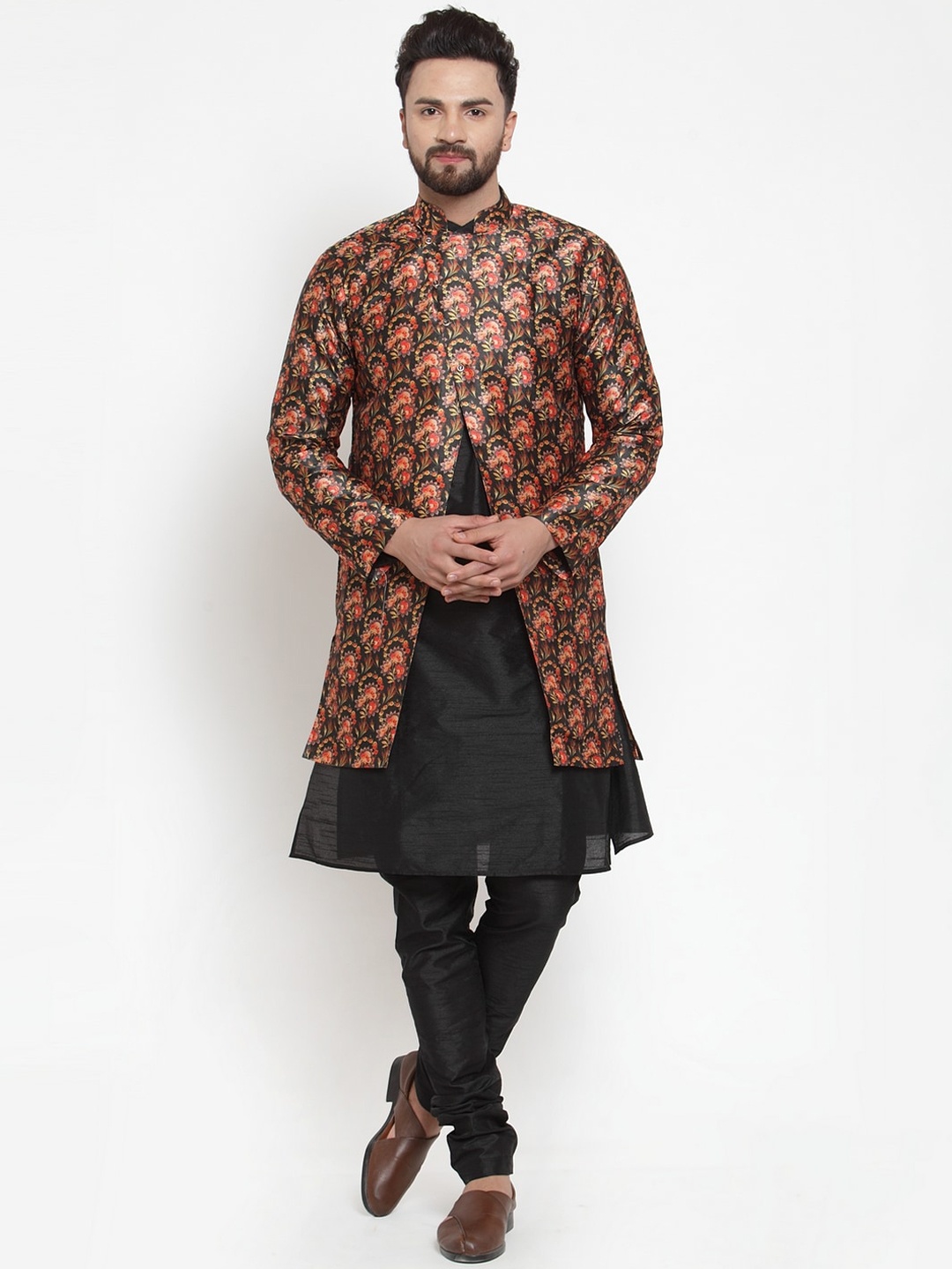 

Kaifoo Men Multicoloured Floral Printed Angrakha Kurta with Churidar, Multi