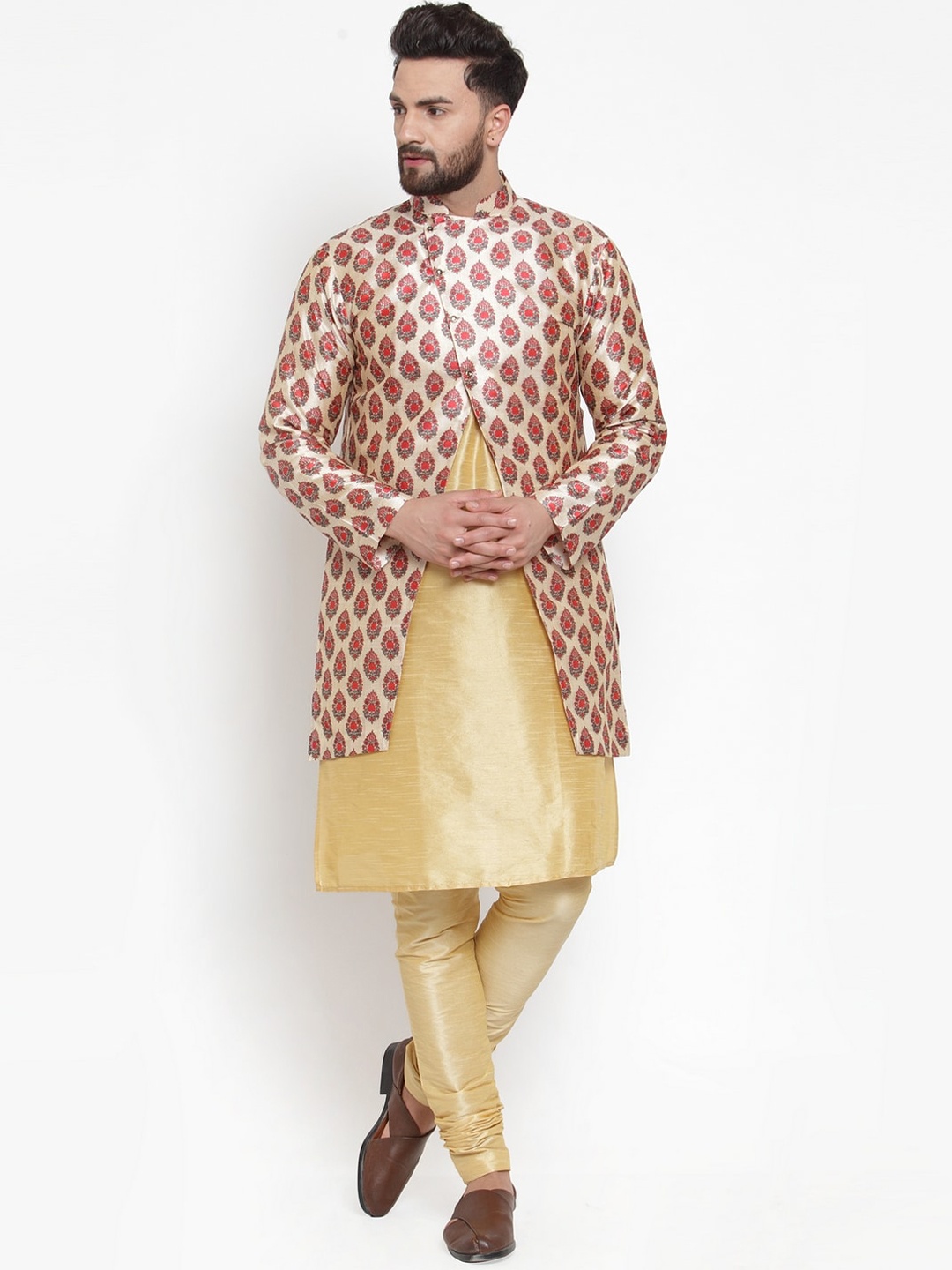 

Kaifoo Men Cream-Coloured Ethnic Motifs Printed Layered Kurta with Churidar & Jacket