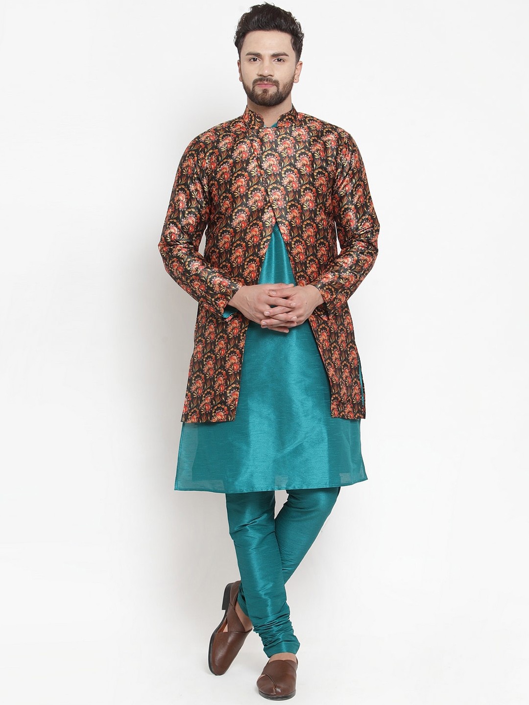 

Kaifoo Men Turquoise Blue Kurta with Churidar With Ethnic Printed Jacket