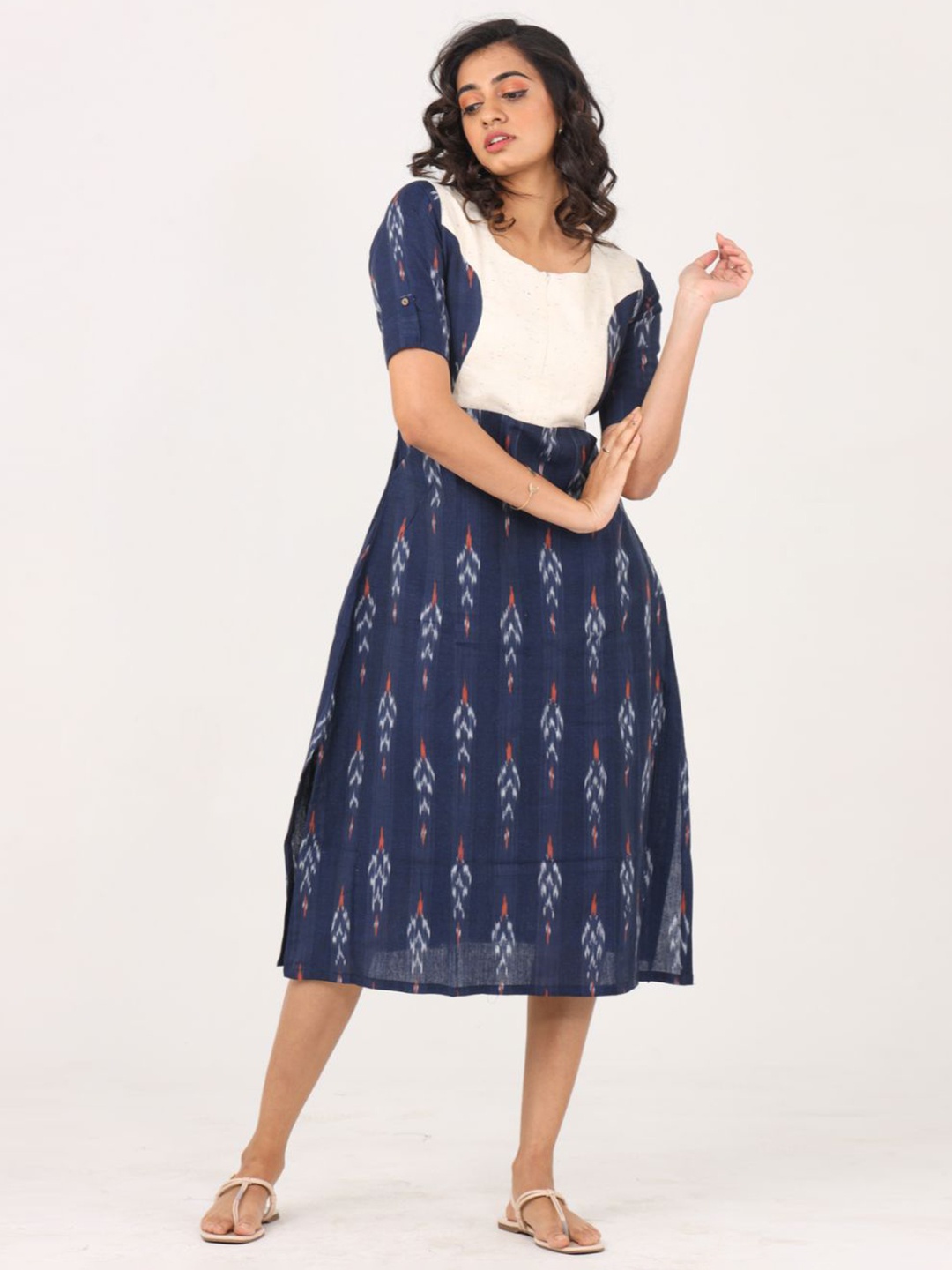 

Putchi Blue & Off-White Ethnic Motifs Maternity Cotton A-Line Midi Dress