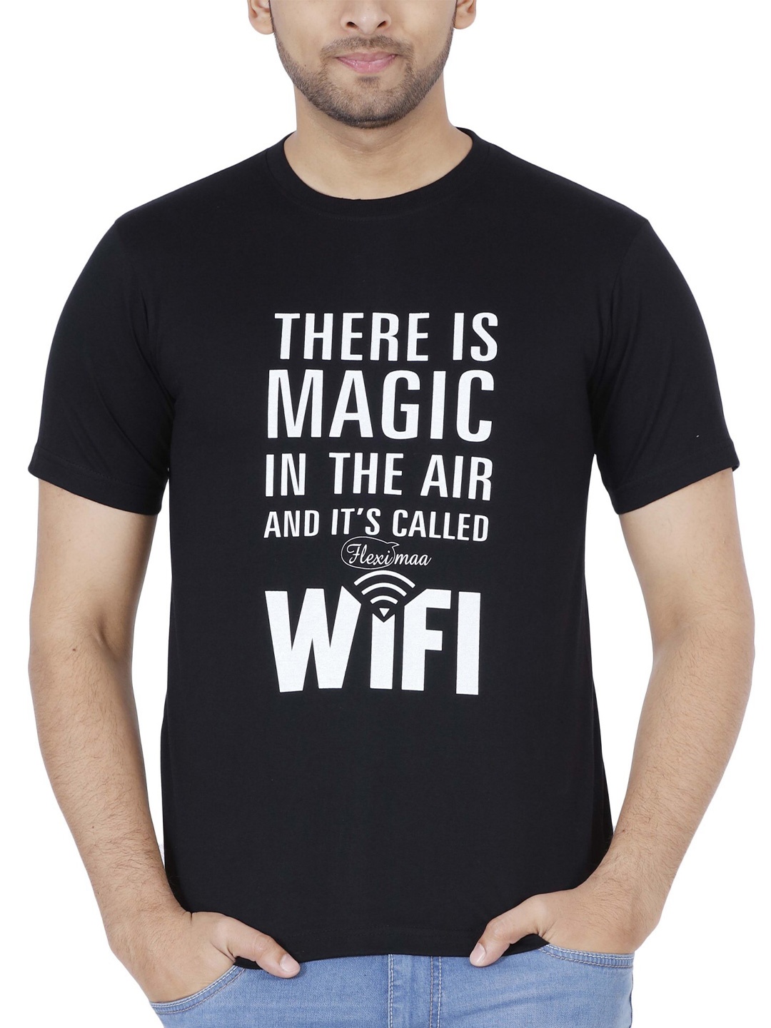 Fleximaa Men Black Printed Cotton T-shirt