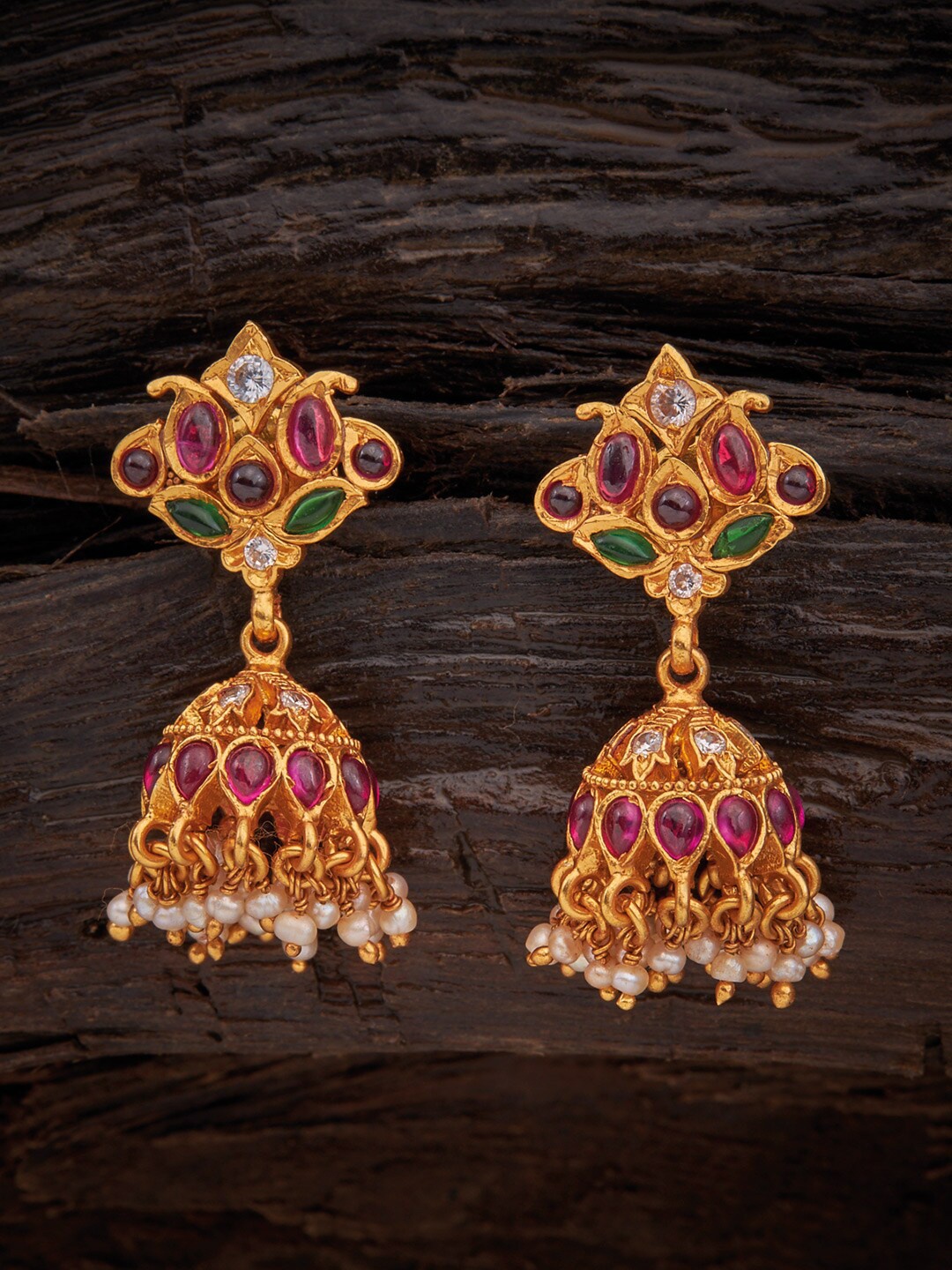 

Kushal's Fashion Jewellery Gold-Toned & Red Dome Shaped Jhumkas Earrings