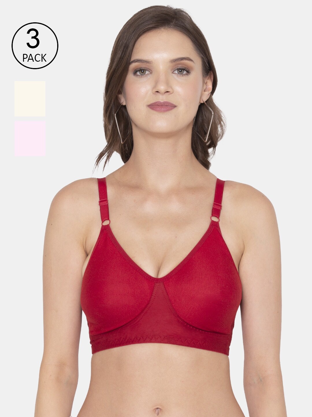 

Souminie Women's Cotton Seamless Bra- Everyday Fit Pack of 3, Red