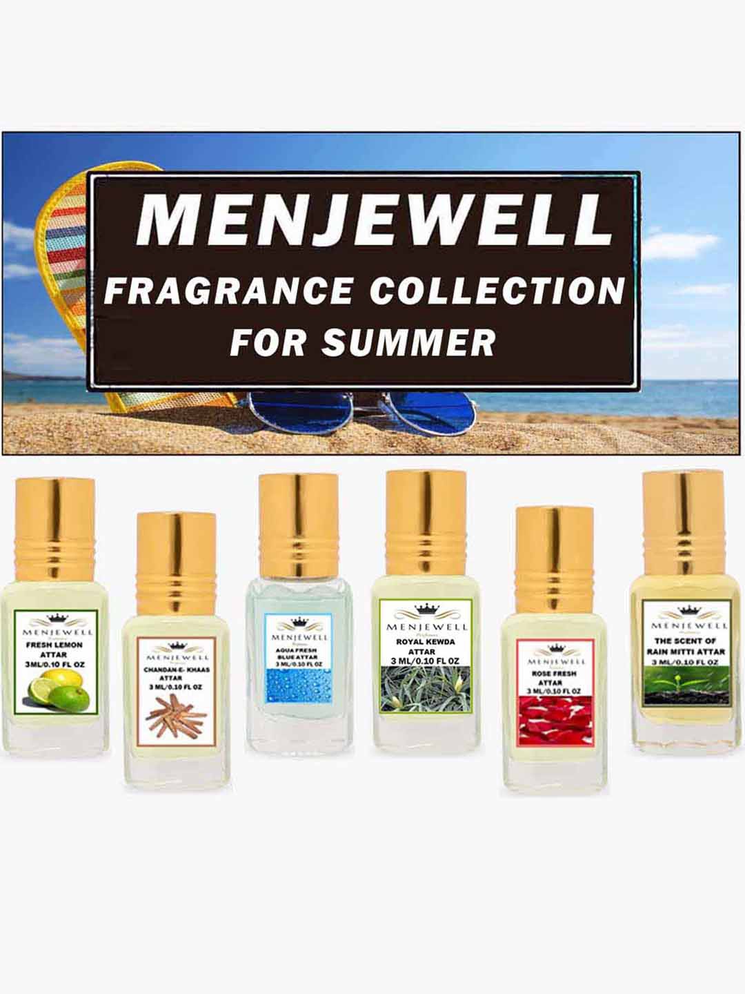 

Menjewell Set of 6 Fine Fragrance Attar for Summer - 3ml each, Black