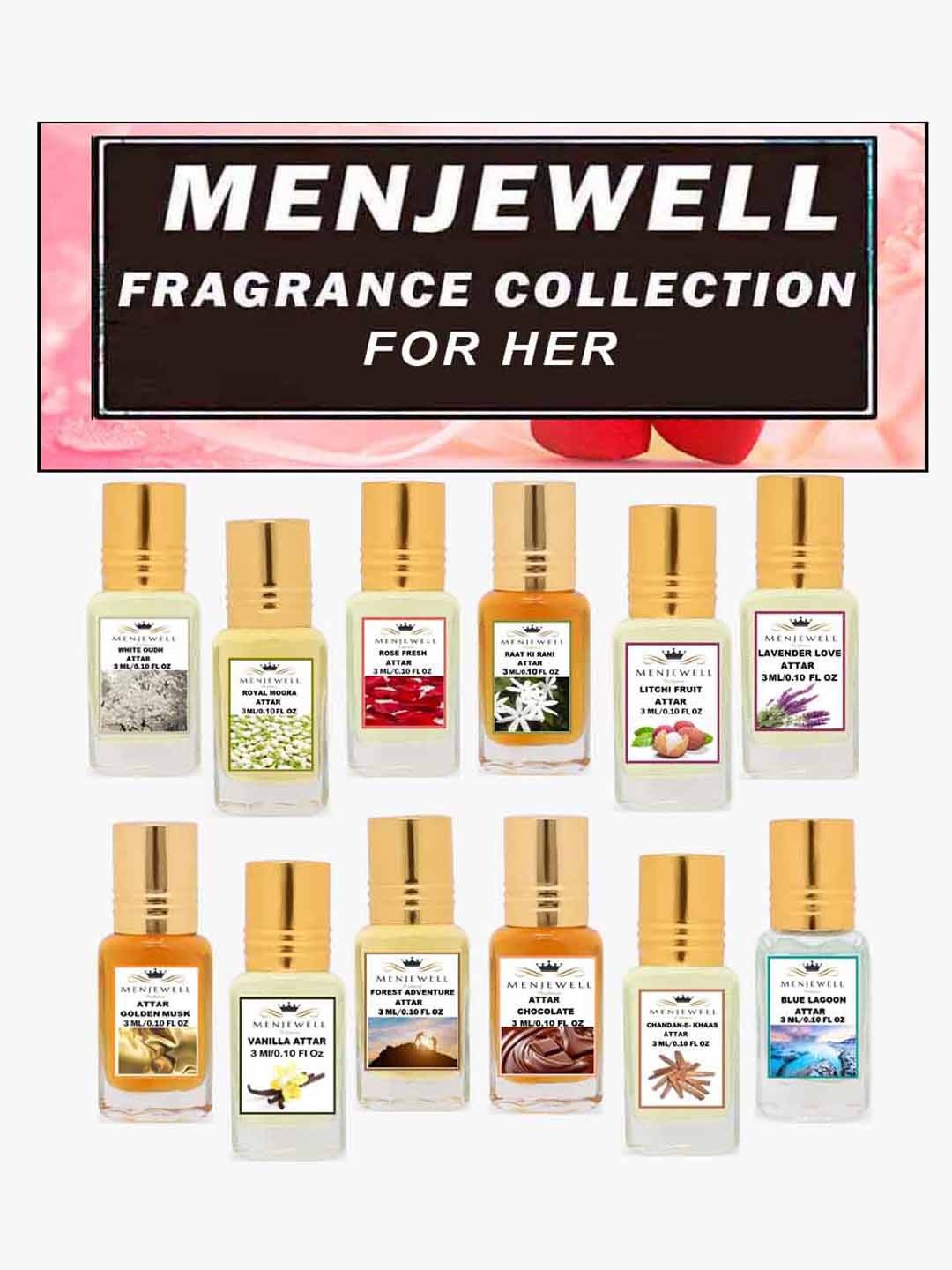 

Menjewell Women Set of 12 Fine Fragrance Attar - 3ml each, Black